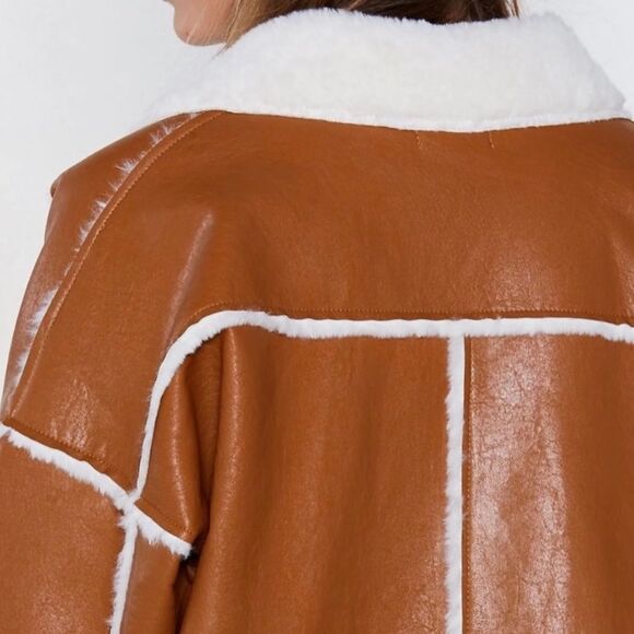 Vintage Style Camel Faux Leather and Shearling Warm Button Front Coat Size S / M - Picture 6 of 7
